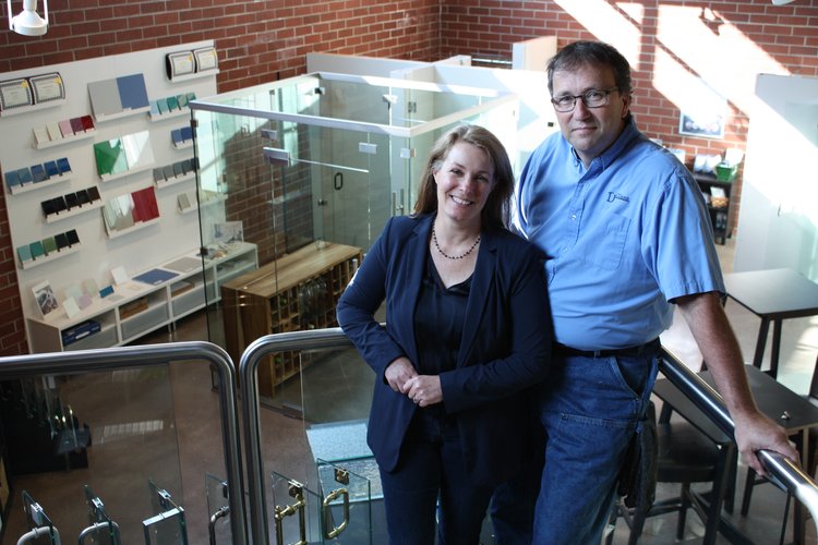 Michael and Shannon Mckinney, co-owners of DT GLass inc, standing in the showroom