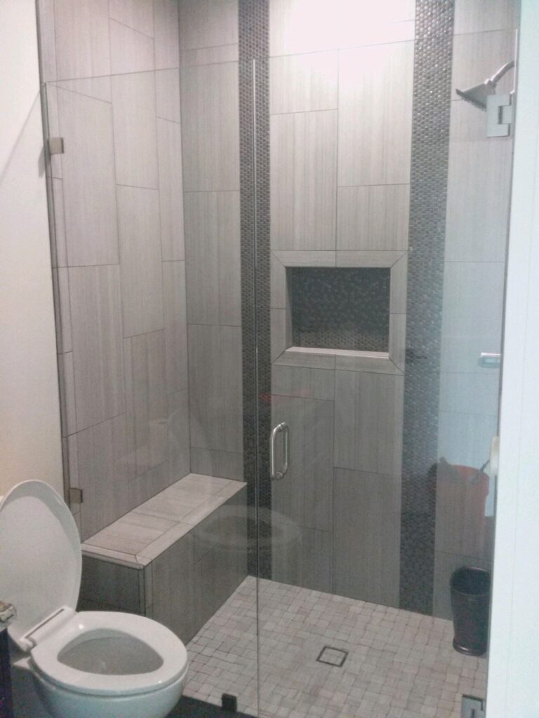 a frameless glass shower made up of a fixed panel on the left, next to the toilet, and a swinging door, hinged off of the wall to the right